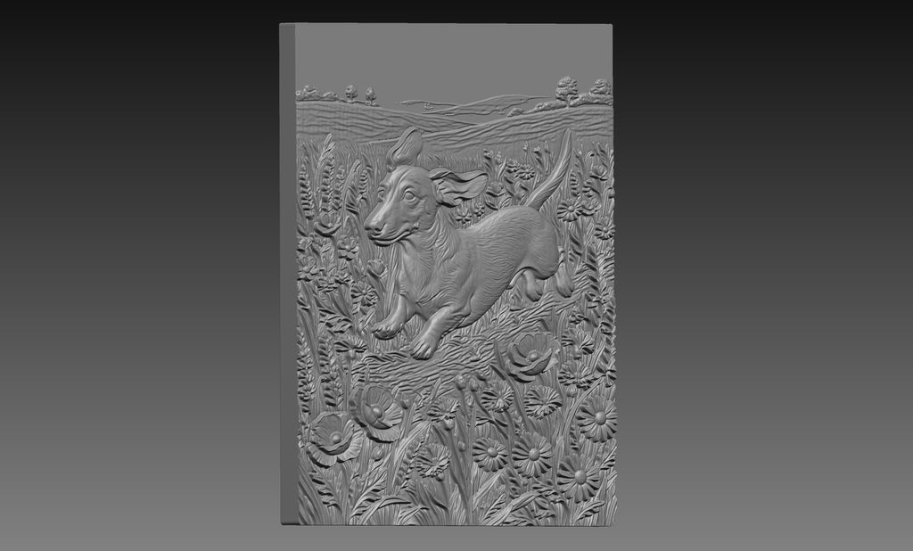 Dachshund Wildflower Meadow 3D Relief STL File, Dog CNC Carving Digital Download