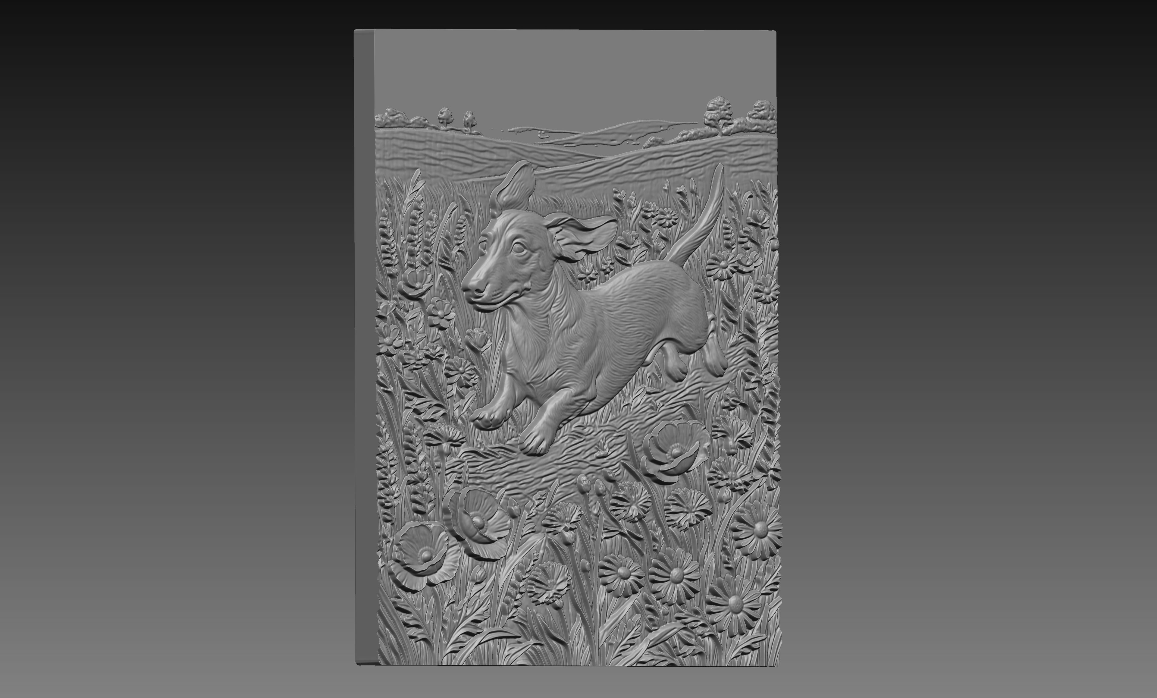 Dachshund Wildflower Meadow 3D Relief STL File, Dog CNC Carving Digital Download