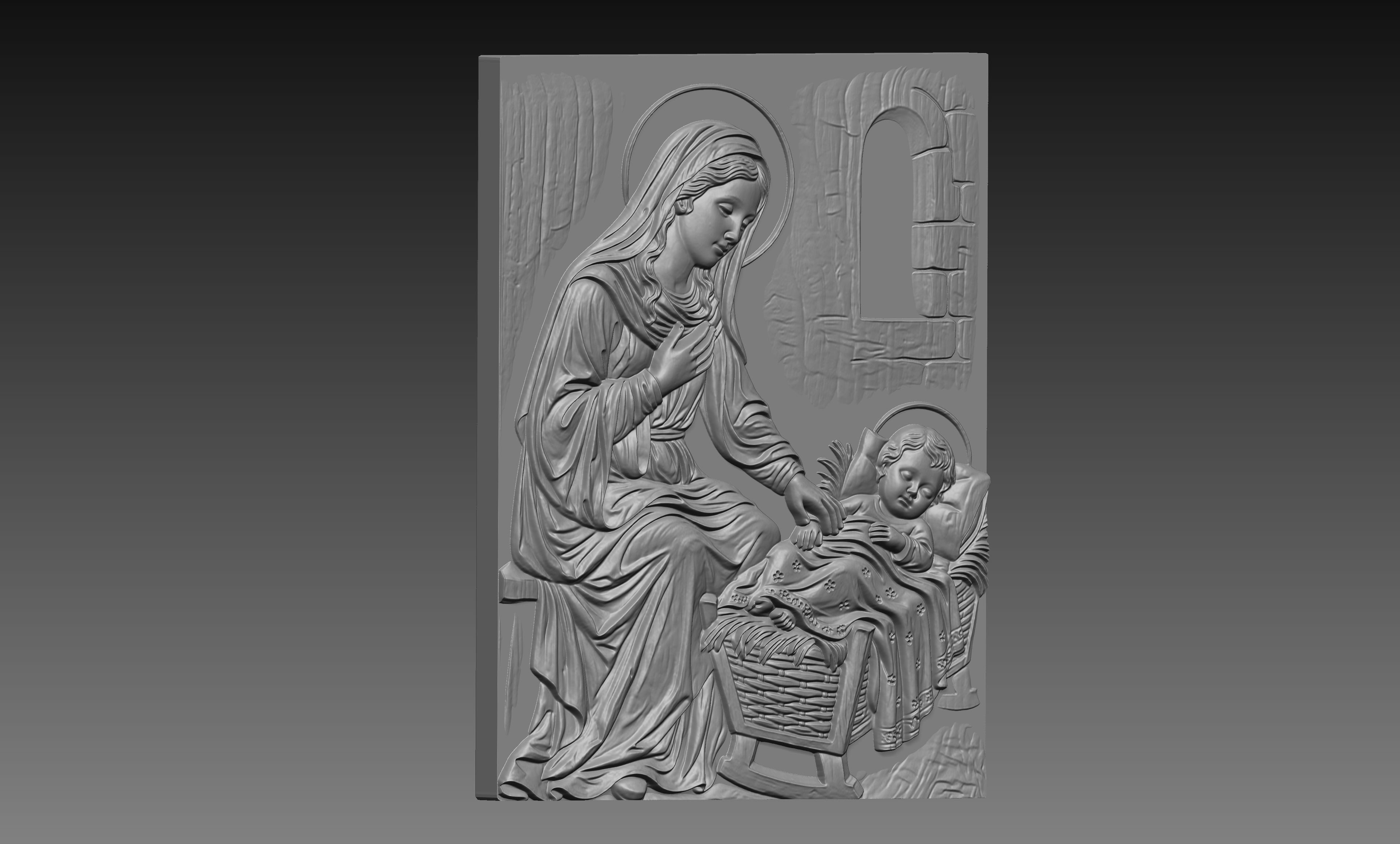 Mother Mary Watching Baby Jesus 3D Relief STL File, Christian CNC Carving Digital Download