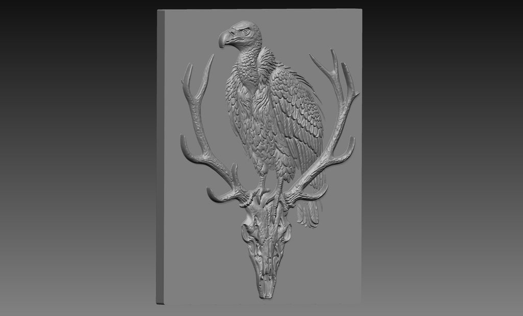 Vulture Deer Skull 3D Relief STL File, Bird of prey Wildlife CNC Carving Digital Download