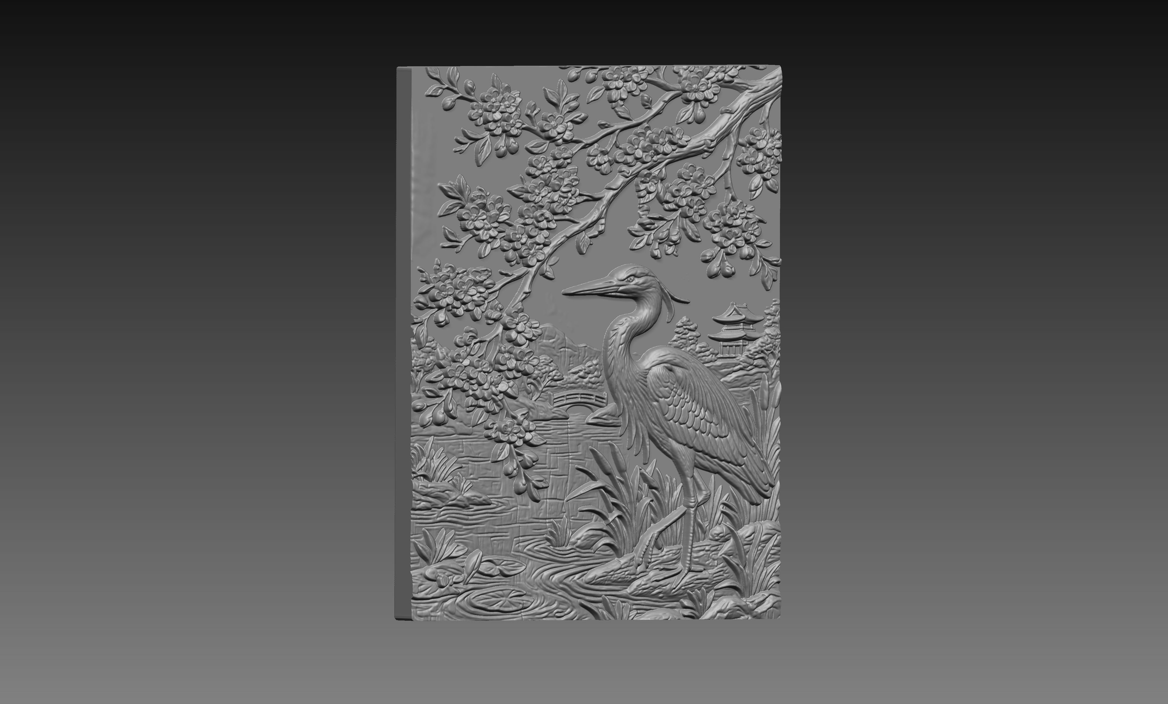 Japanese Crane Sakura 3D Relief STL File, Bird CNC Carving Digital Download