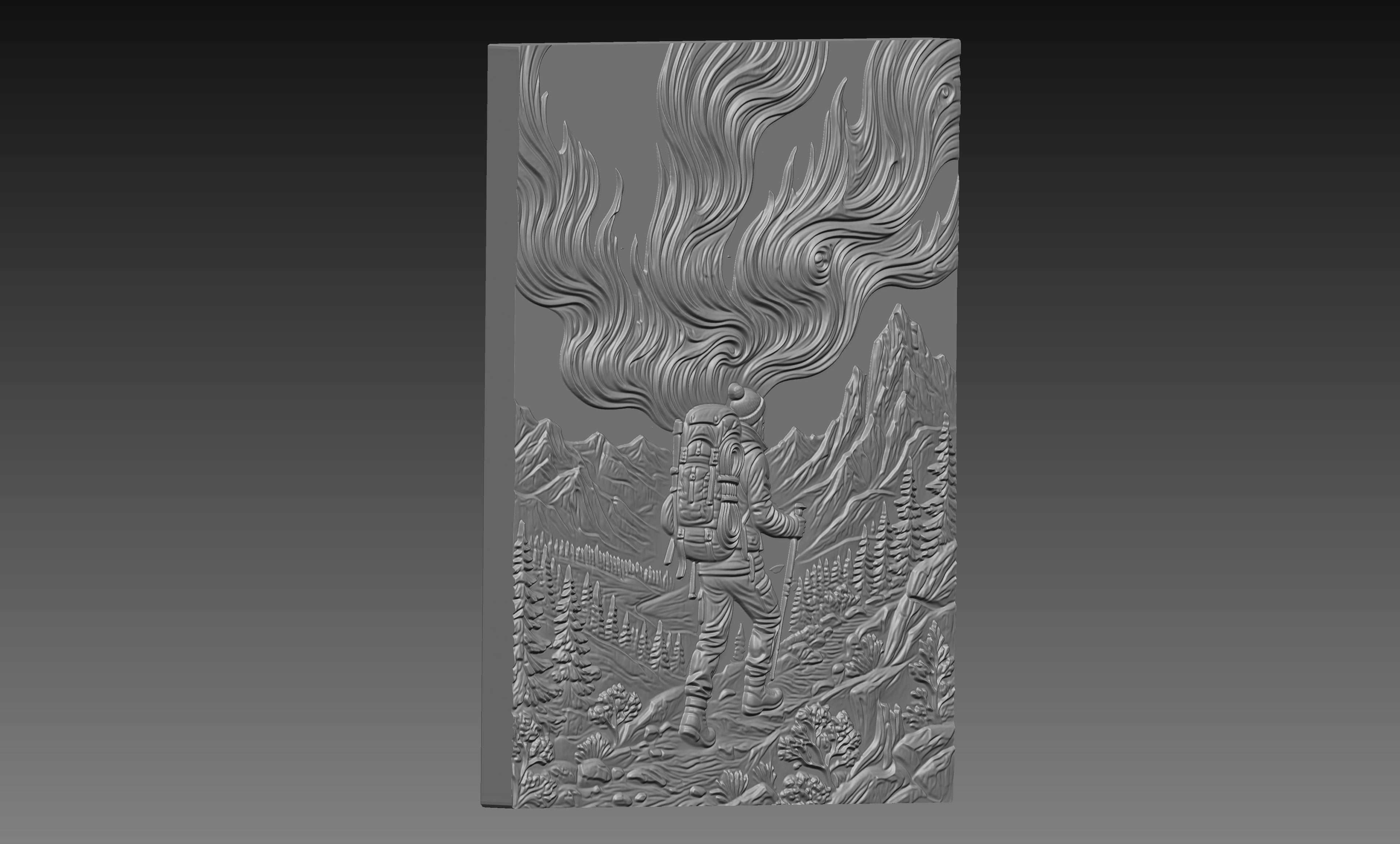 Winter Mountain Hiker Northern Lights 3D Relief STL File, Outdoor CNC Carving Digital Download