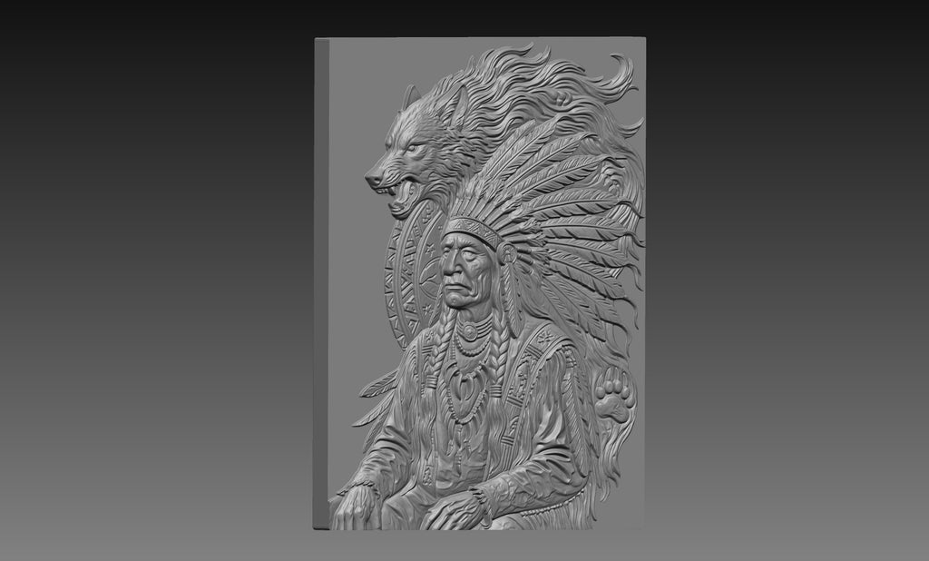 Native American Chief Wolf Spirit 3D Relief STL File, Wildlife CNC Carving Digital Download