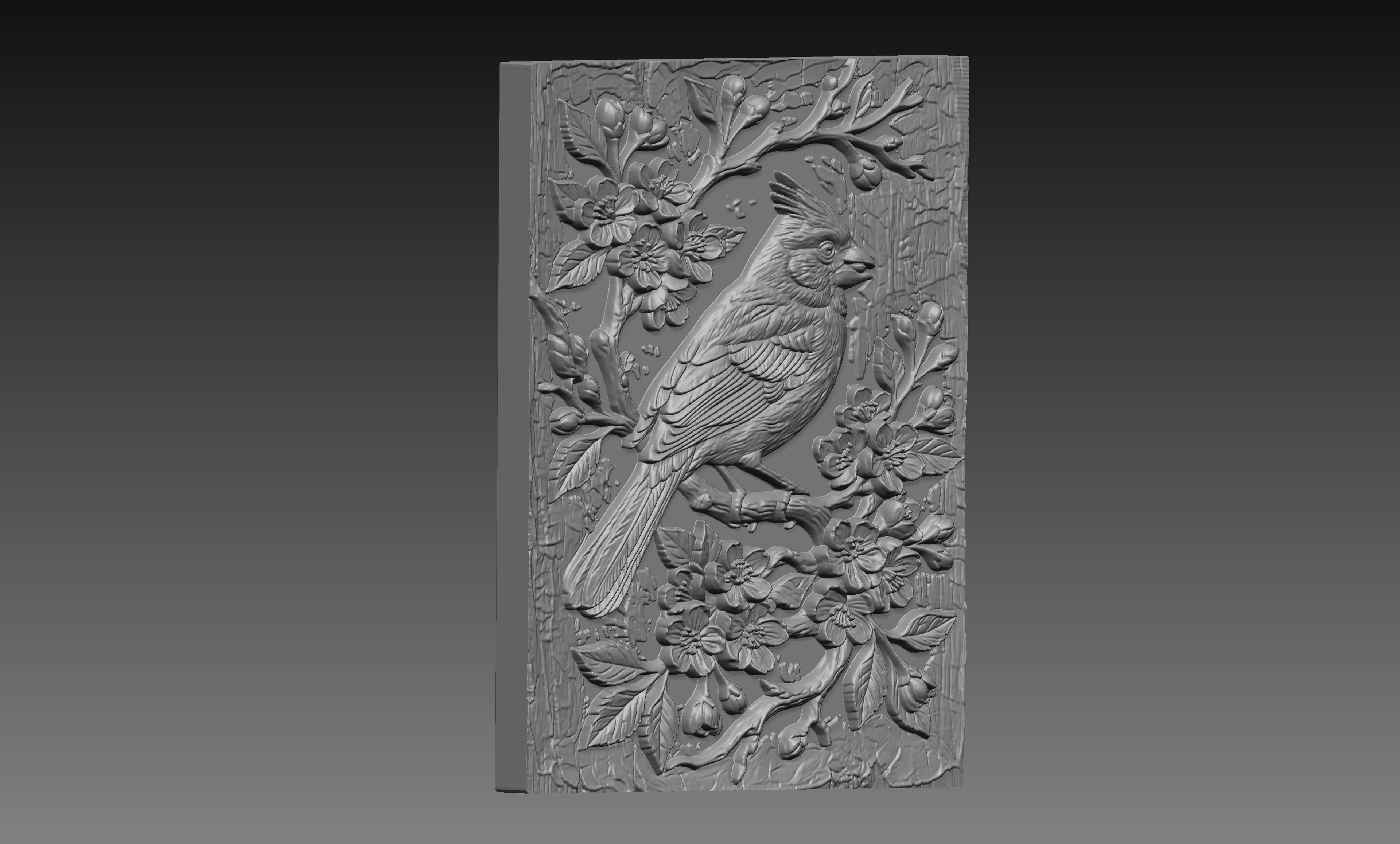 Cardinal Cherry Blossom 3D Relief STL File, Bird CNC Carving Digital Download