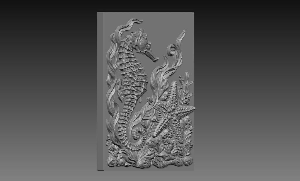Seahorse Starfish Coral 3D Relief STL File, Nautical CNC Carving Digital Download