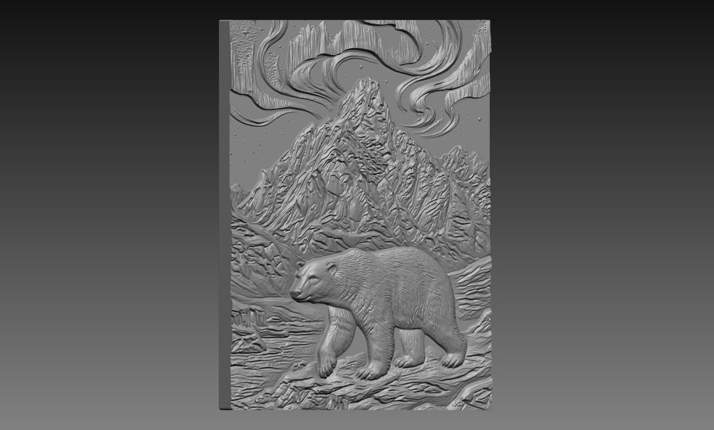 Polar Bear Northern Lights 3D Relief STL File, Arctic CNC Carving Digital Download