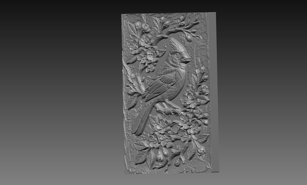Cardinal Cherry Blossom 3D Relief STL File, Bird CNC Carving Digital Download