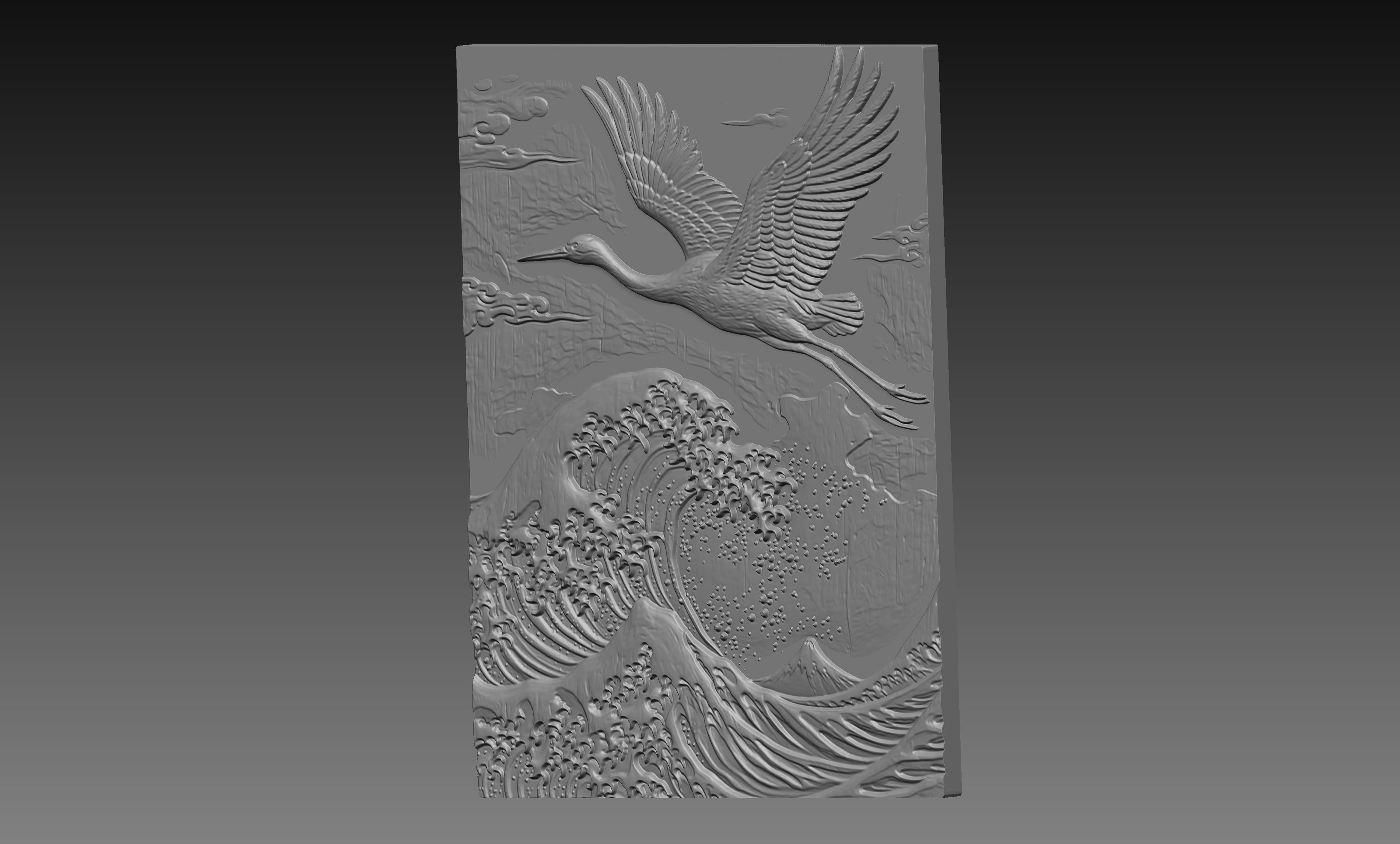 Japanese Great Wave Crane 3D Relief STL File, Asian CNC Carving Digital Download