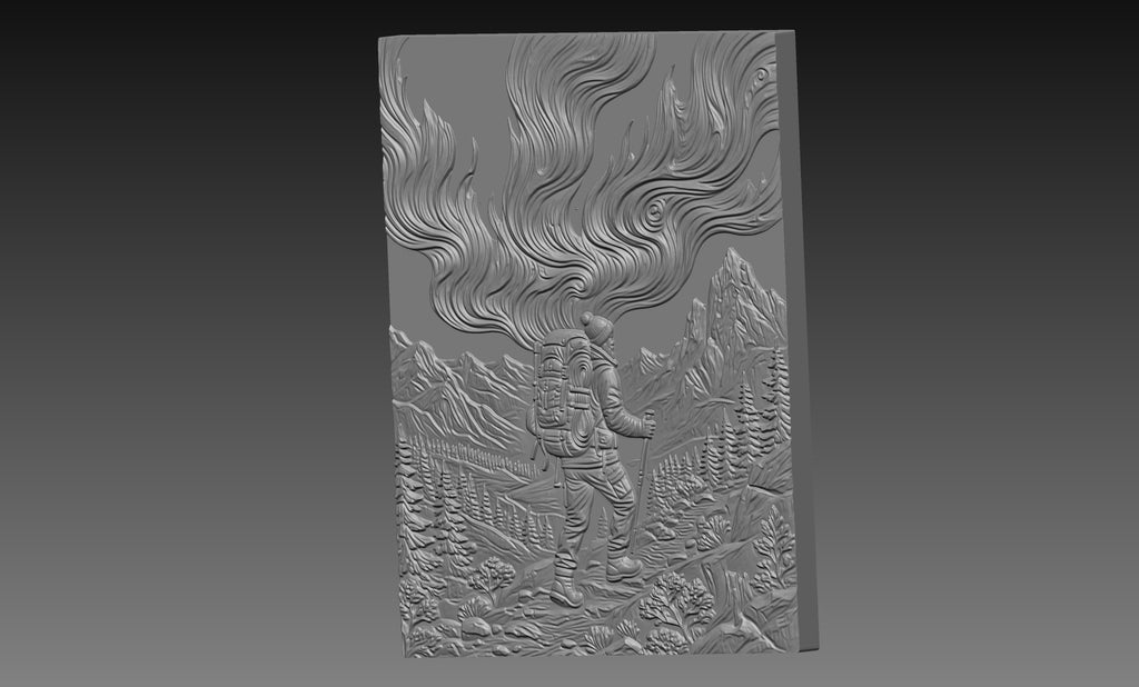 Winter Mountain Hiker Northern Lights 3D Relief STL File, Outdoor CNC Carving Digital Download