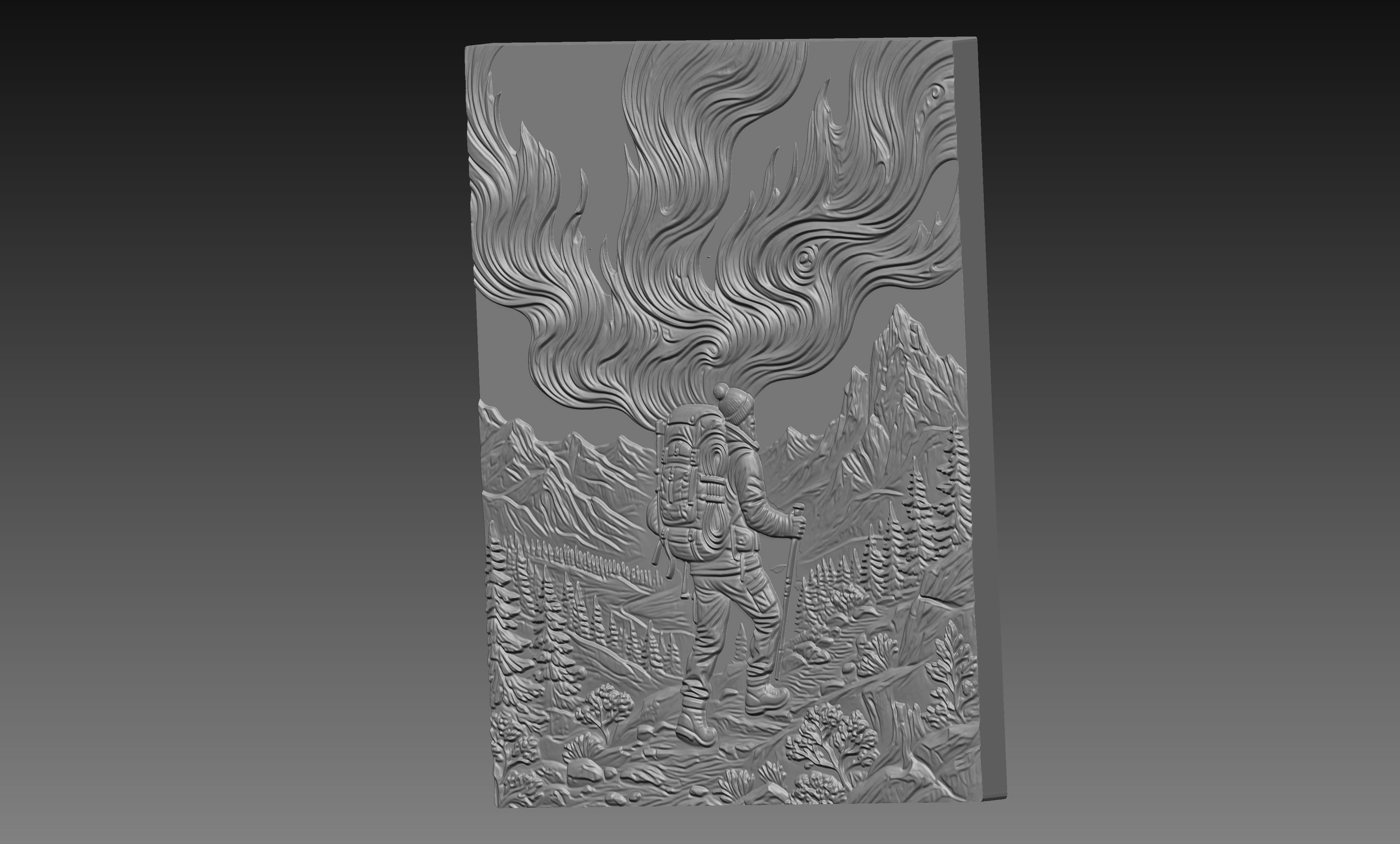 Winter Mountain Hiker Northern Lights 3D Relief STL File, Outdoor CNC Carving Digital Download
