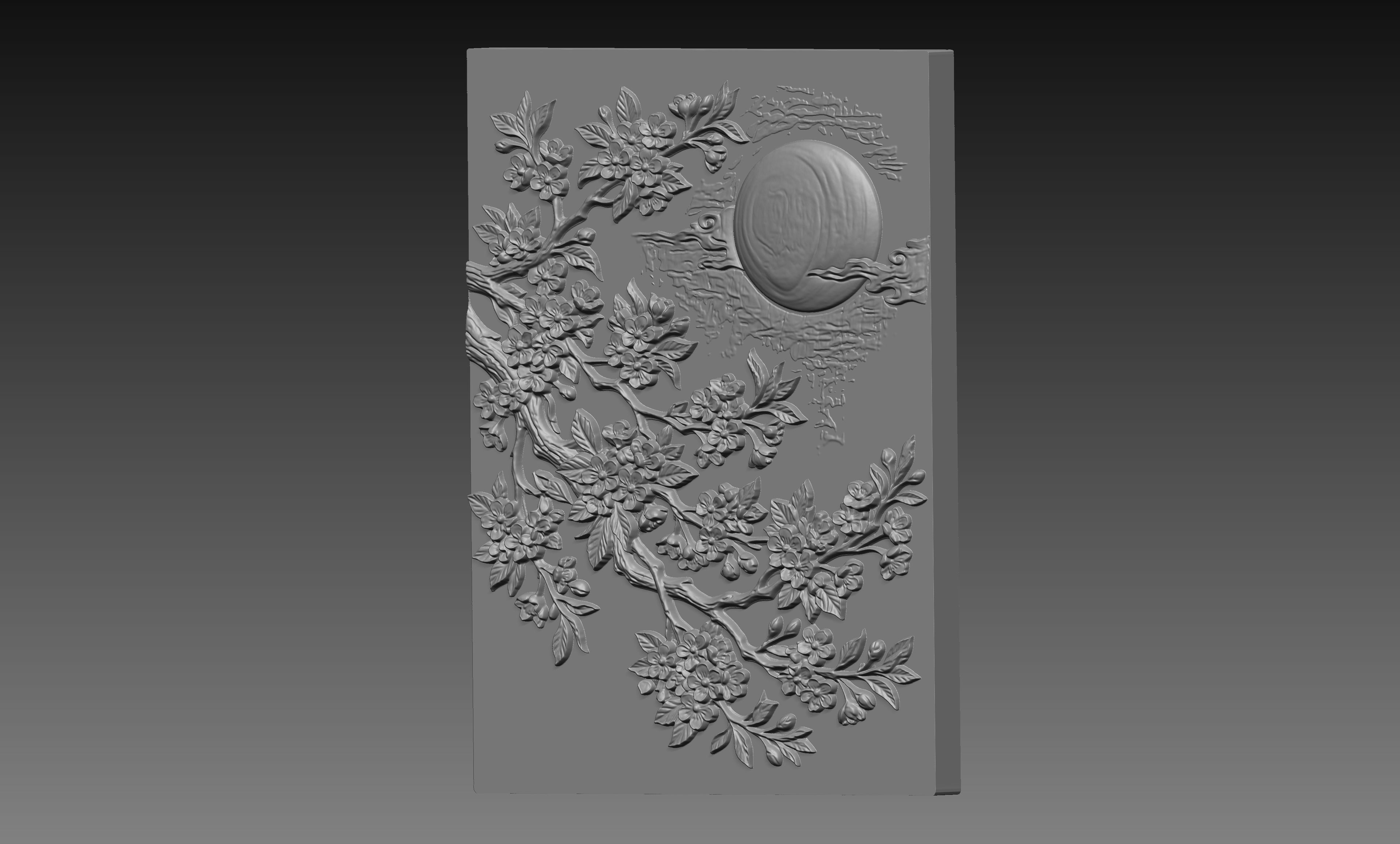 Sakura Full Moon 3D Relief STL File, Japanese CNC Carving Digital Download