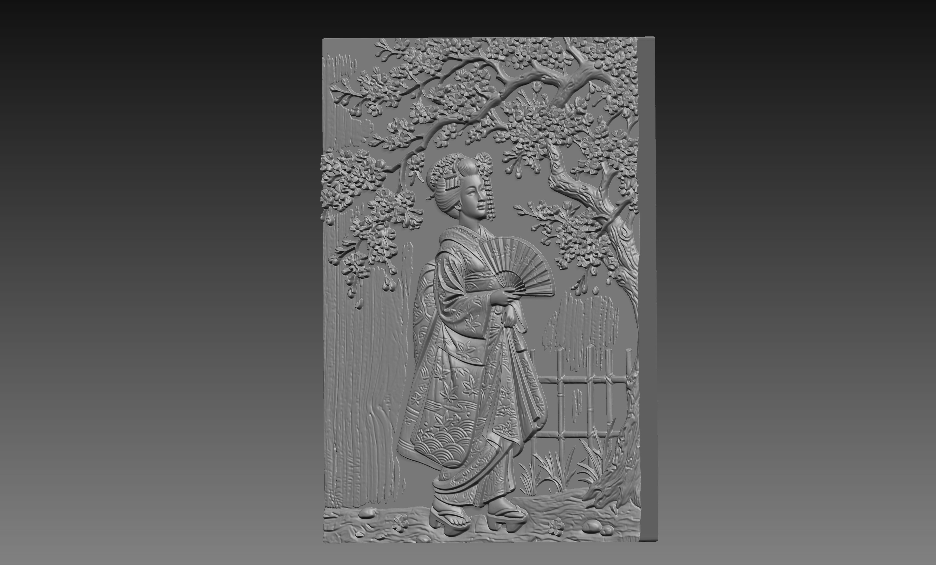 Japanese Geisha Cherry Blossom 3D Relief STL File, Asian CNC Carving Digital Download