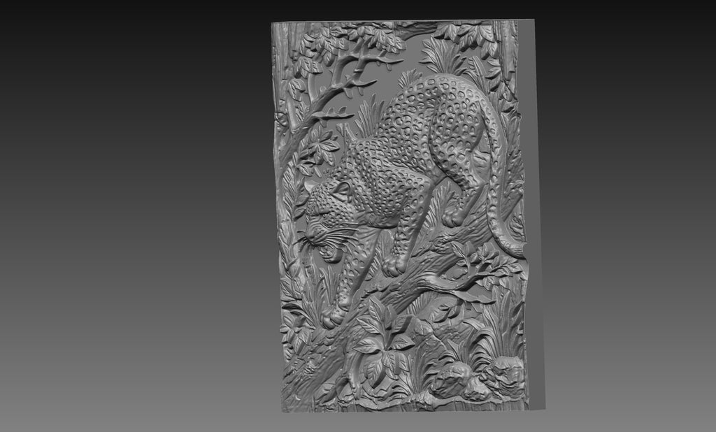 Leopard Pouncing 3D Relief STL File, Jungle Wildlife CNC Carving Model, Big Cat Wall Art Panel, Safari Decor, Router Engraving 3D Print