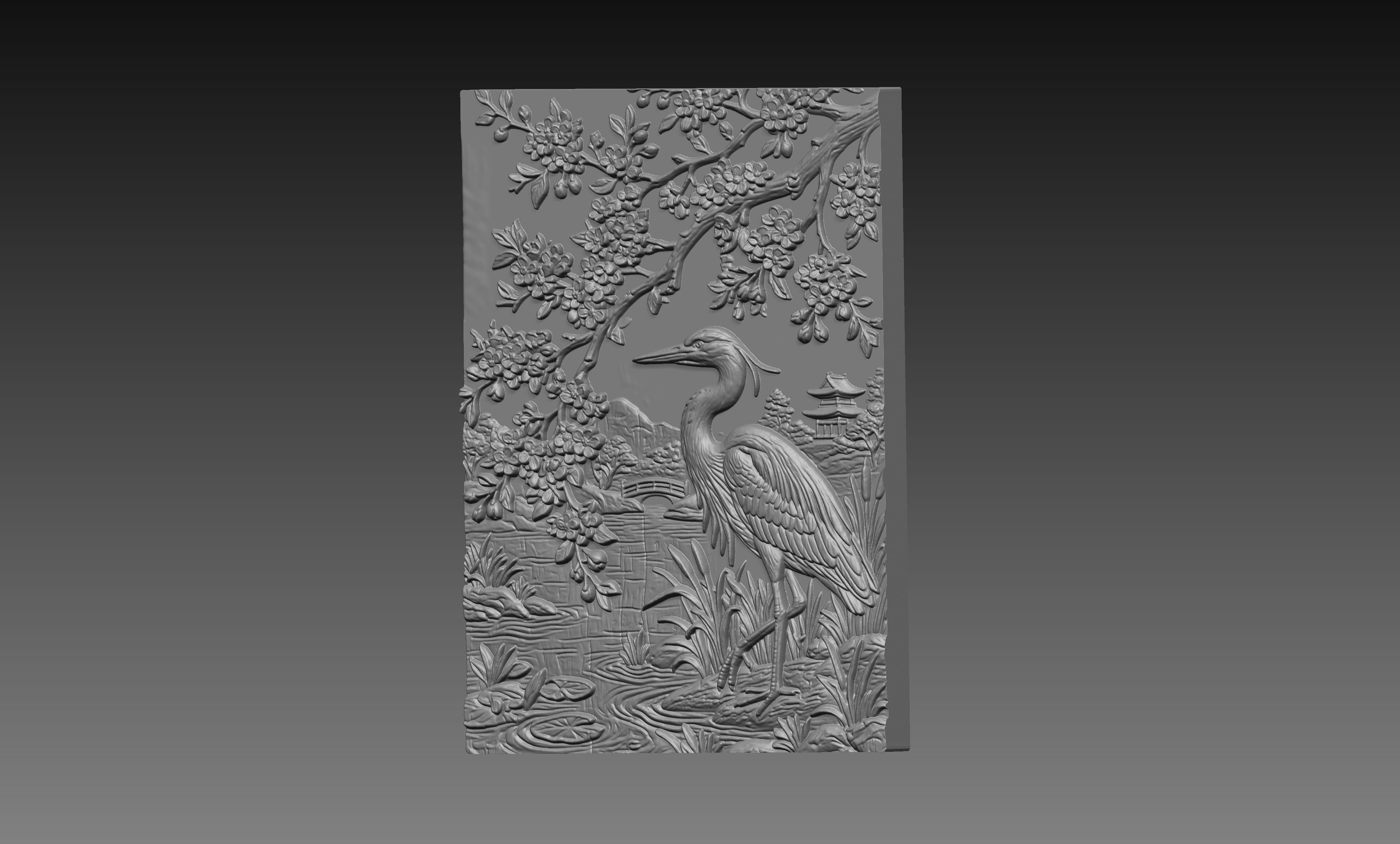 Japanese Crane Sakura 3D Relief STL File, Bird CNC Carving Digital Download