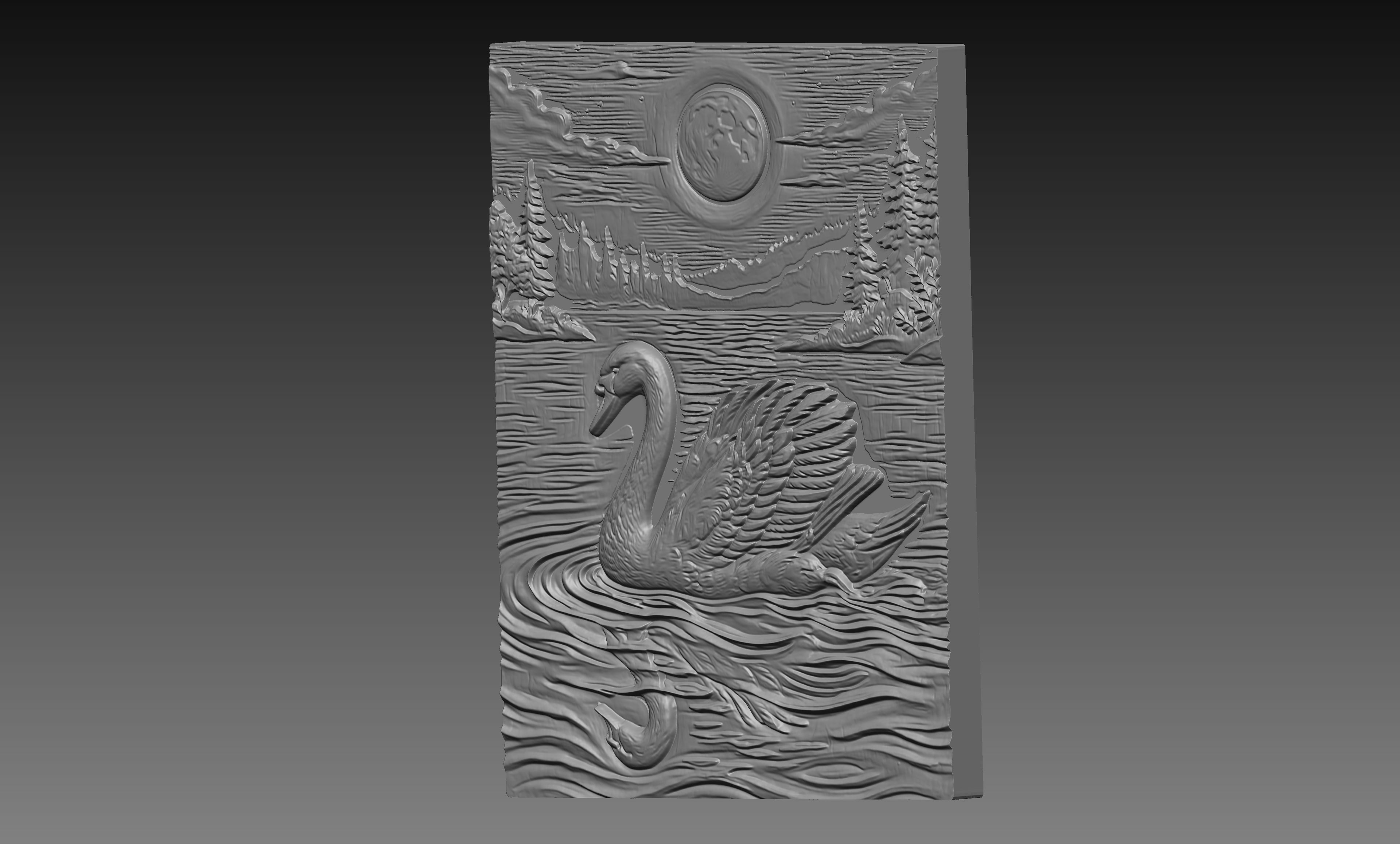 Swan Full Moon Lake 3D Relief STL File, Wildlife CNC Carving Digital Download