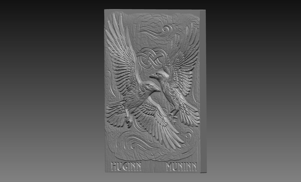 Huginn Muninn Ravens 3D Relief STL File, Norse Viking CNC Carving Digital Download
