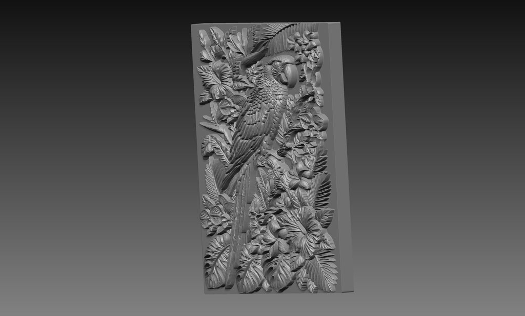 Parrot Tropical Flowers 3D Relief STL File, Exotic CNC Carving Digital Download