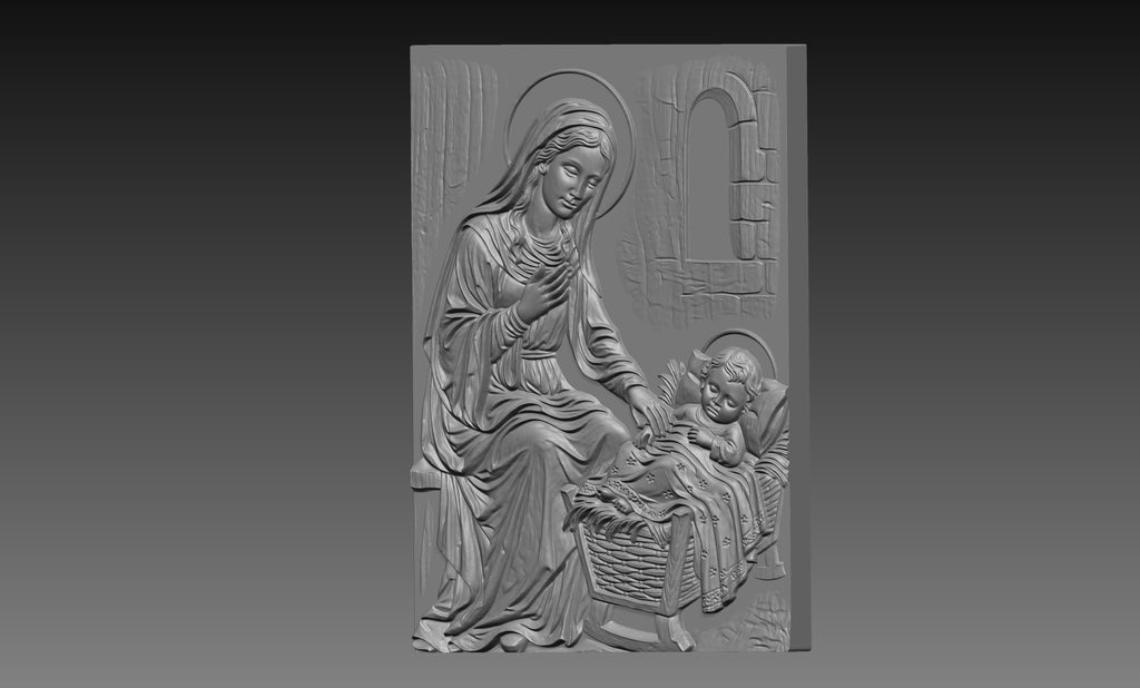 Mother Mary Watching Baby Jesus 3D Relief STL File, Christian CNC Carving Digital Download