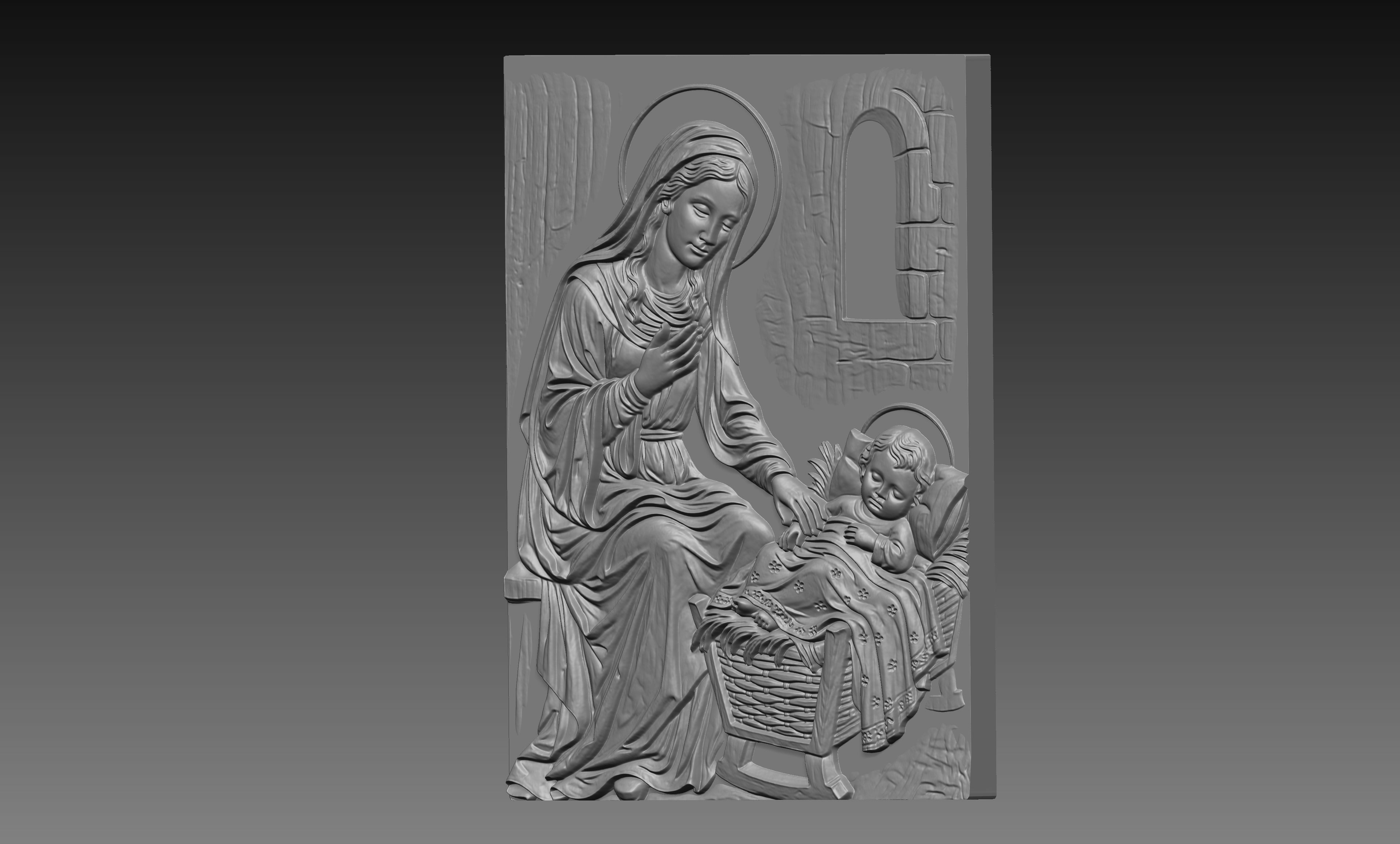 Mother Mary Watching Baby Jesus 3D Relief STL File, Christian CNC Carving Digital Download