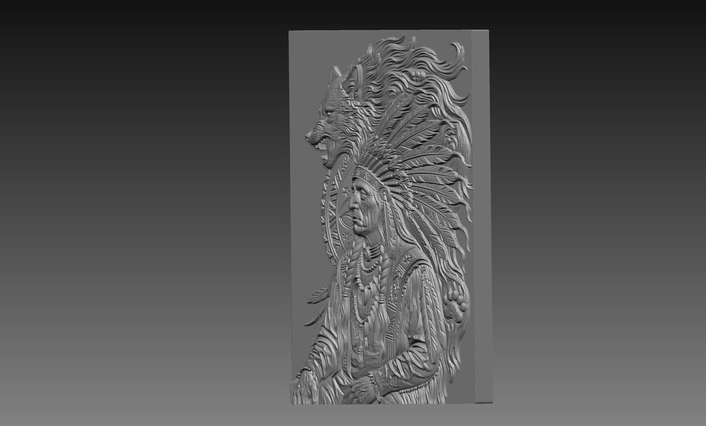 Native American Chief Wolf Spirit 3D Relief STL File, Wildlife CNC Carving Digital Download