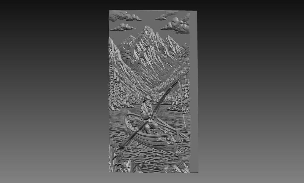 Fisherman Row Boat Lake 3D Relief STL File, Mountain CNC Carving Digital Download