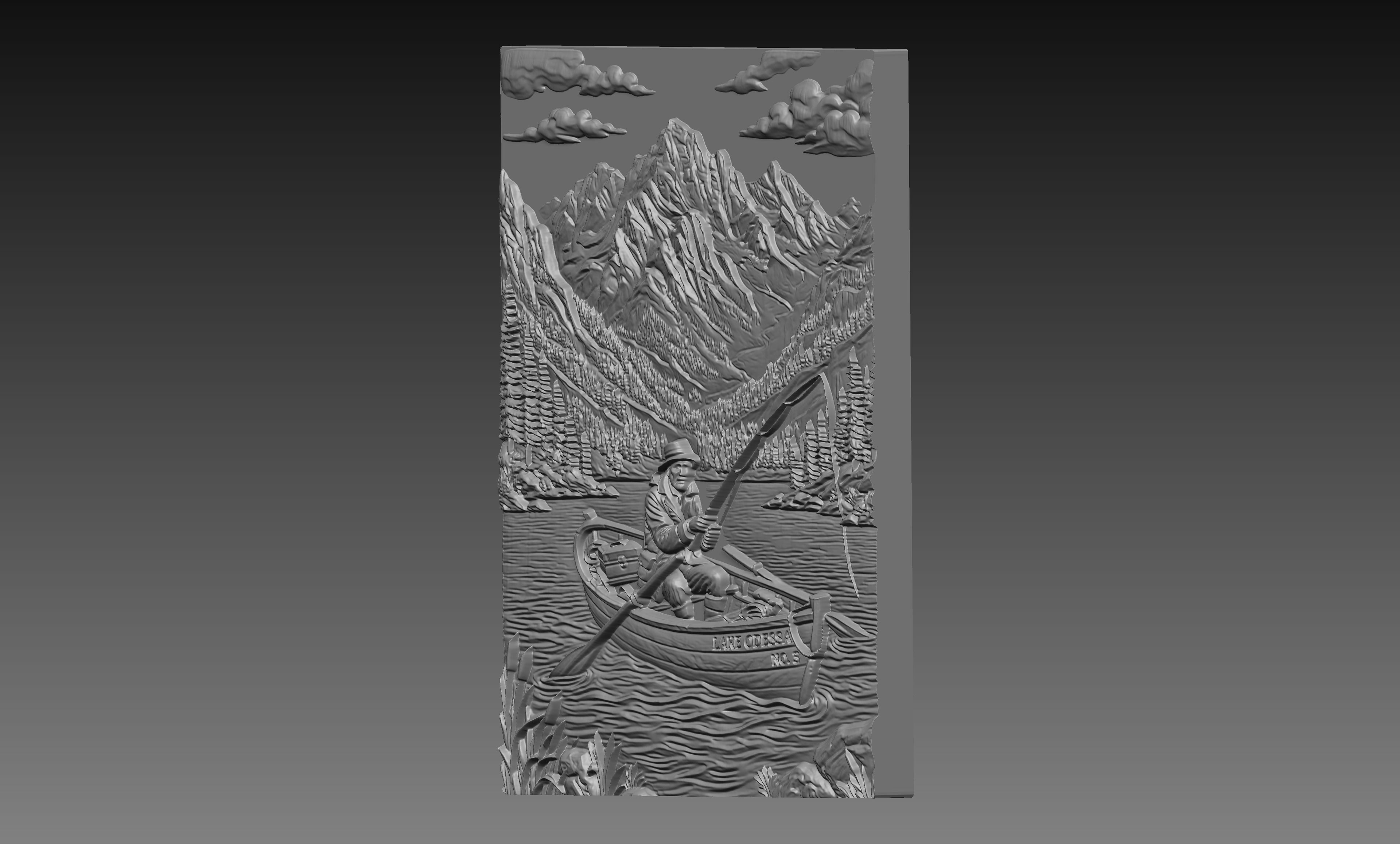Fisherman Row Boat Lake 3D Relief STL File, Mountain CNC Carving Digital Download