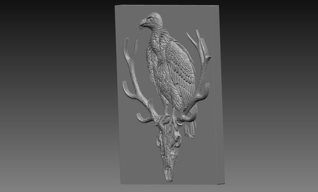 Vulture Deer Skull 3D Relief STL File, Bird of prey Wildlife CNC Carving Digital Download