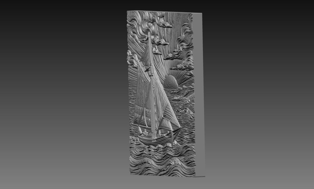 Sailboat Ocean Sunset 3D Relief STL File, Nautical CNC Carving Digital Download