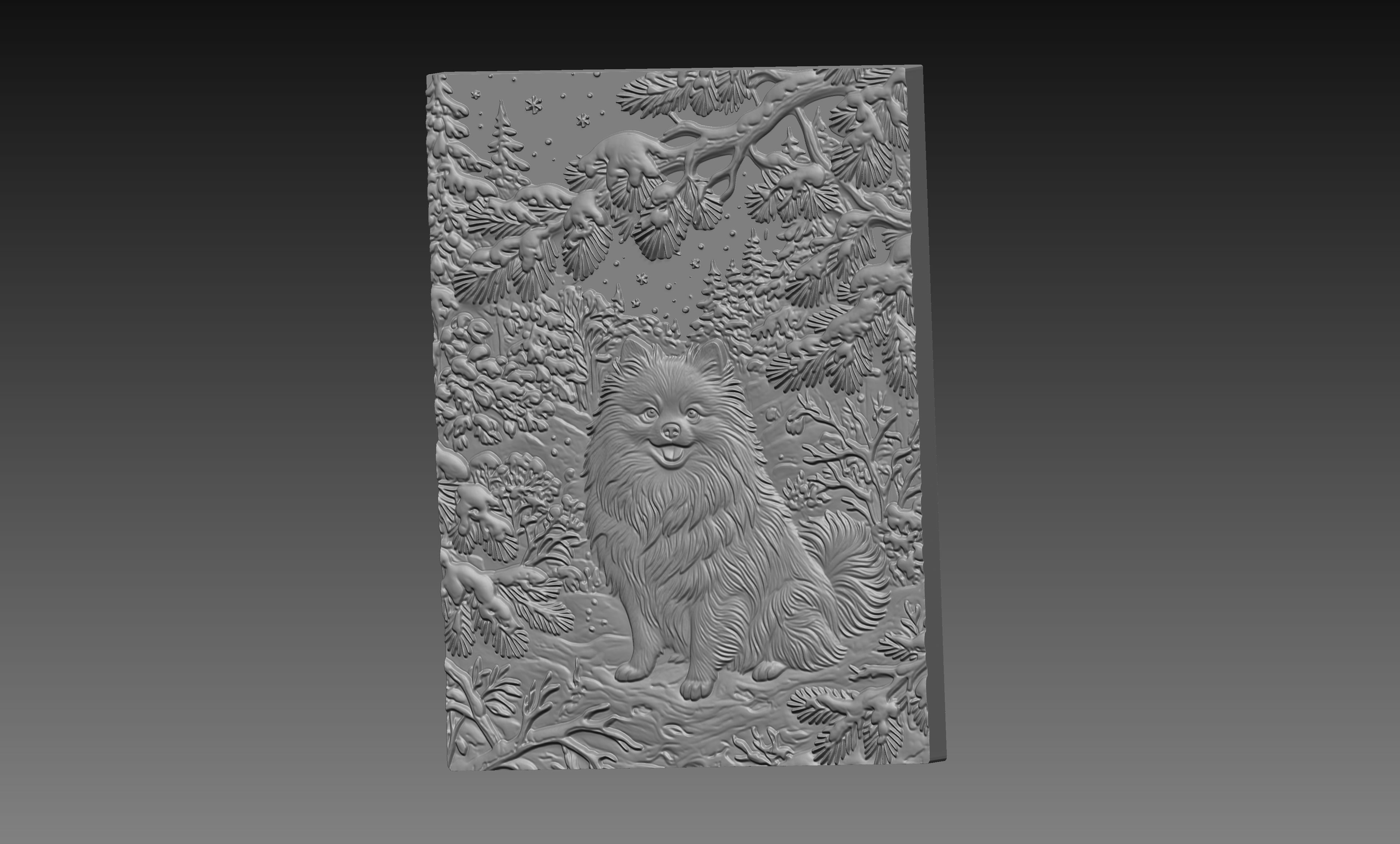 Pomeranian Winter Woodland 3D Relief STL File, Dog CNC Carving Digital Download