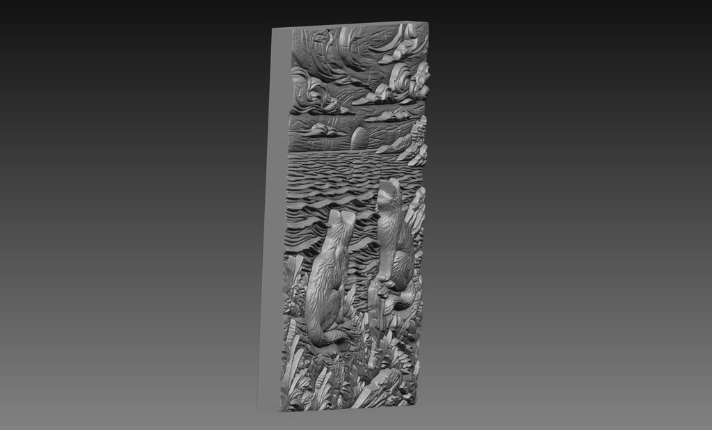 Two Cats Ocean Sunset 3D Relief STL File, Coastal CNC Carving Digital Download