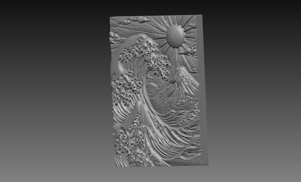 Japanese Great Wave Mount Fuji 3D Relief STL File, Asian Rising Sun CNC Carving Digital Download