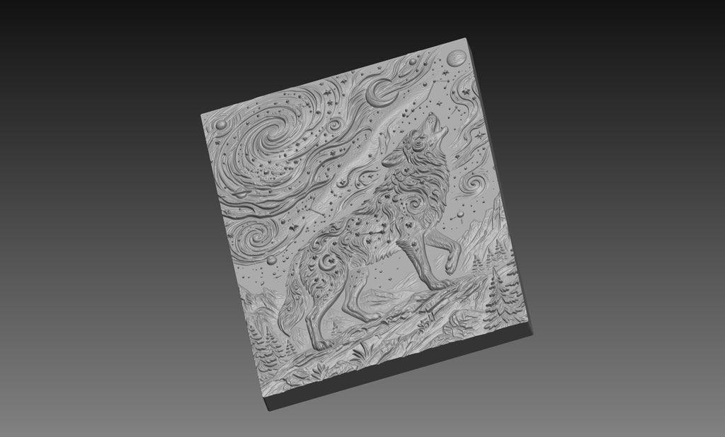 Celestial Wolf Moon Stars 3D Relief STL File, Fantasy CNC Carving Digital Download