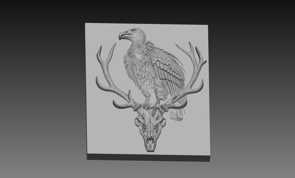 Vulture Deer Skull 3D Relief STL File, Bird of prey Wildlife CNC Carving Digital Download