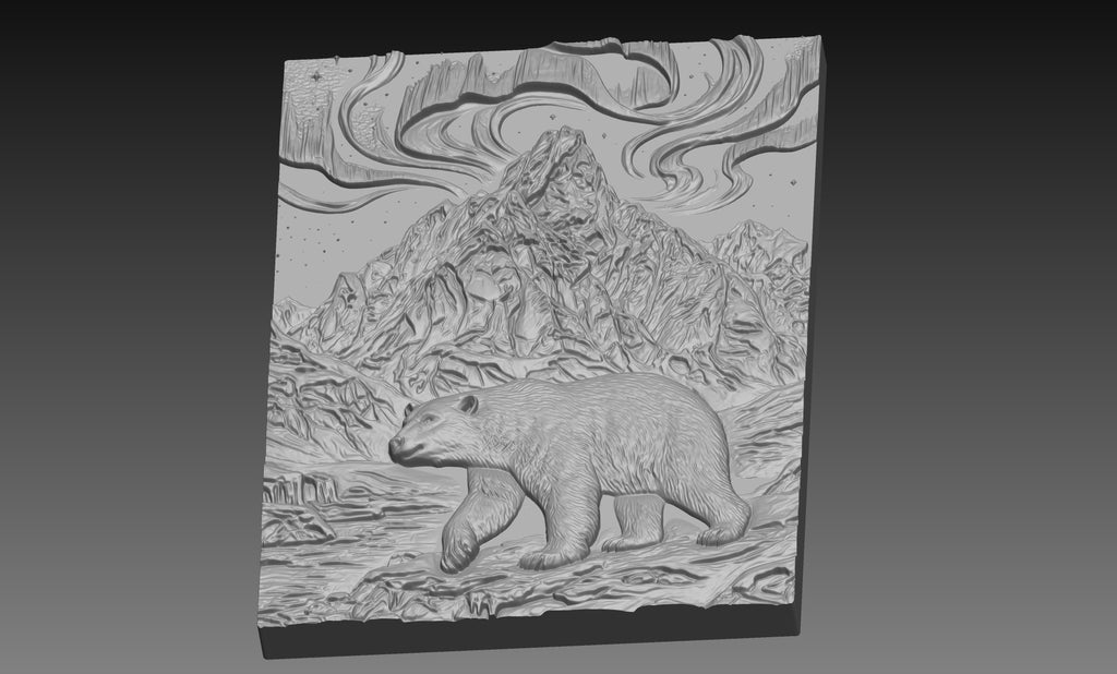 Polar Bear Northern Lights 3D Relief STL File, Arctic CNC Carving Digital Download