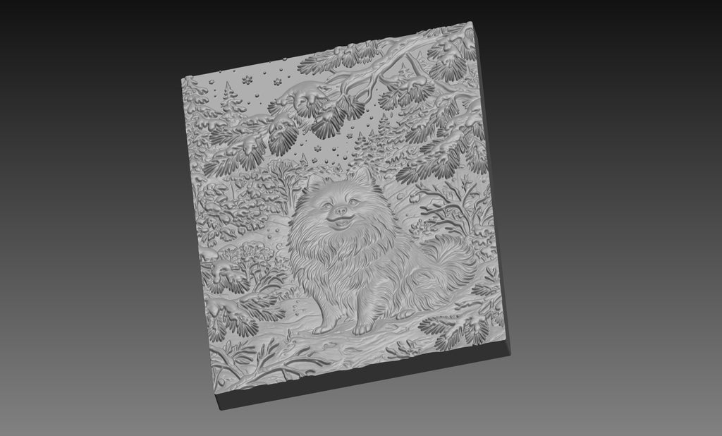Pomeranian Winter Woodland 3D Relief STL File, Dog CNC Carving Digital Download