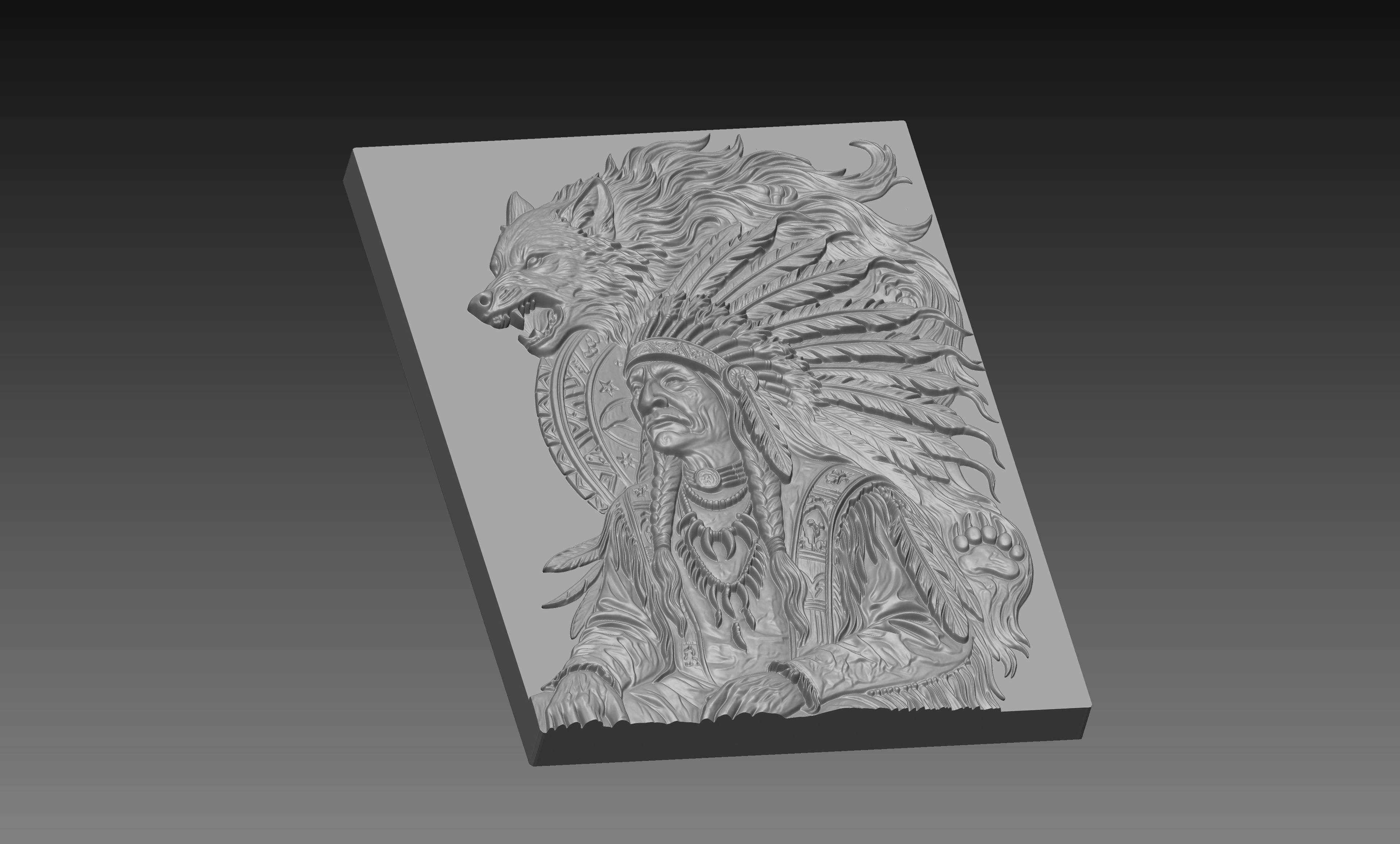 Native American Chief Wolf Spirit 3D Relief STL File, Wildlife CNC Carving Digital Download