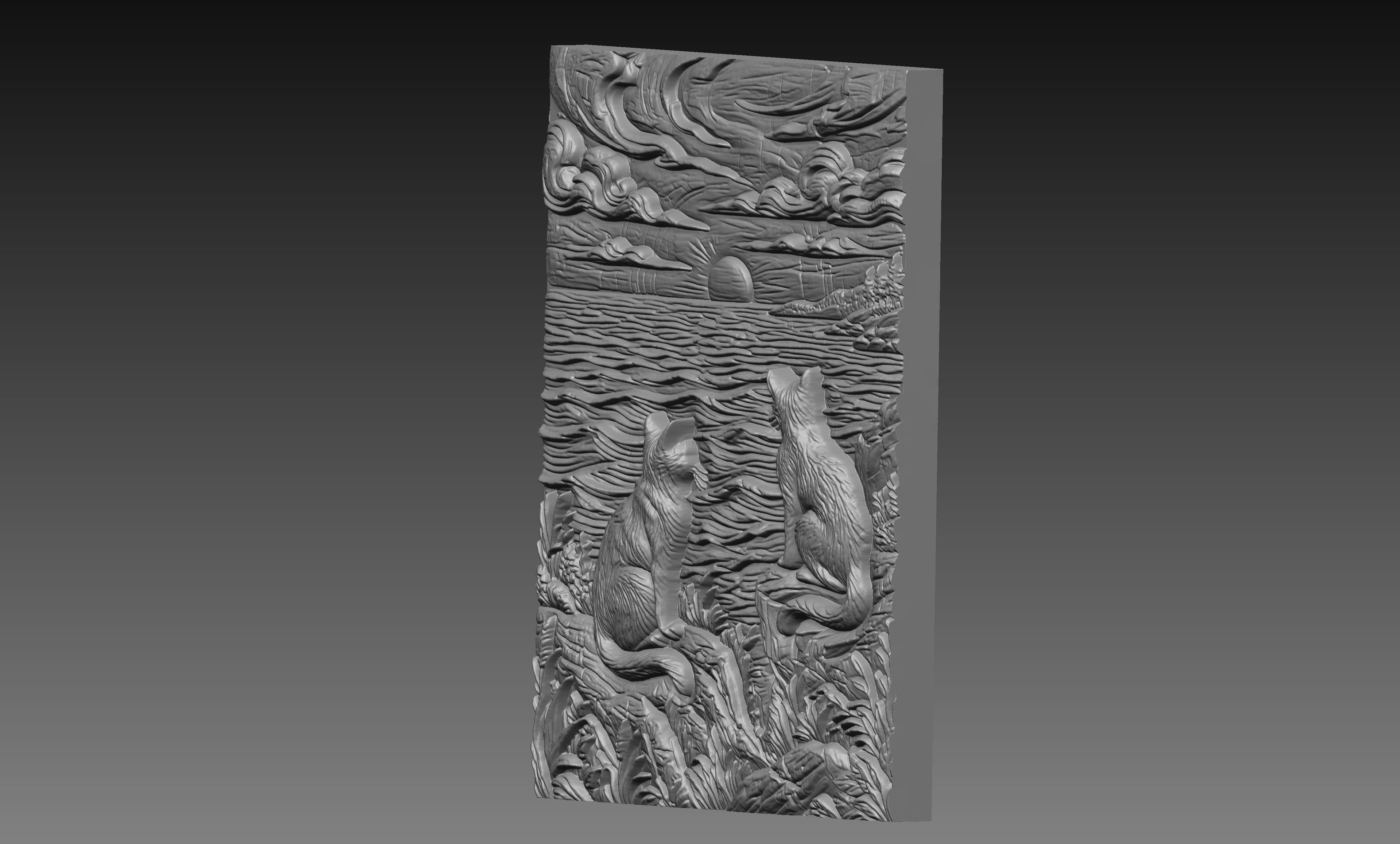 Two Cats Ocean Sunset 3D Relief STL File, Coastal CNC Carving Digital Download