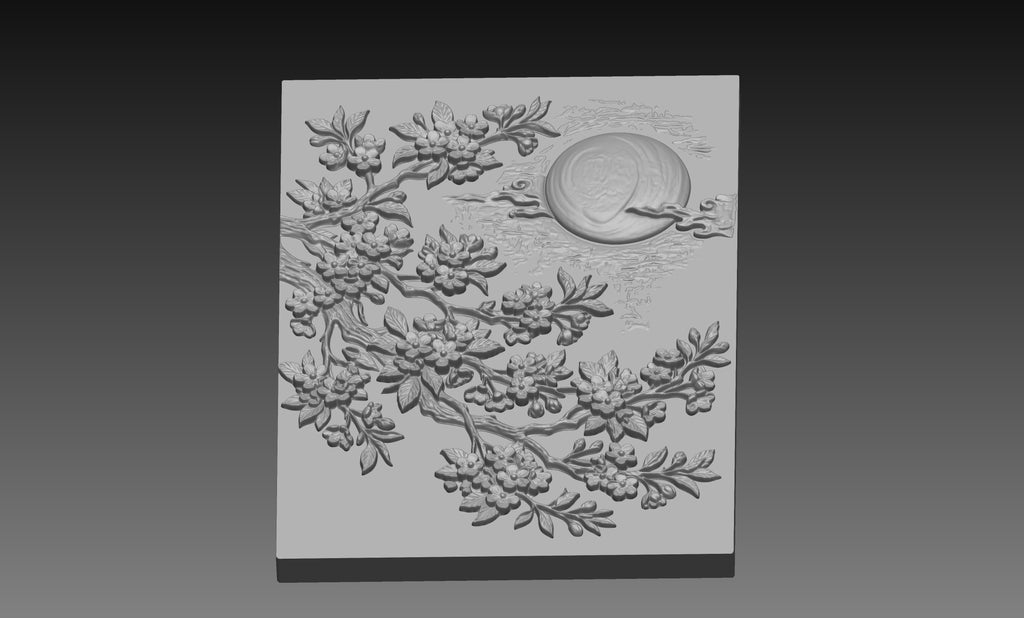 Sakura Full Moon 3D Relief STL File, Japanese CNC Carving Digital Download