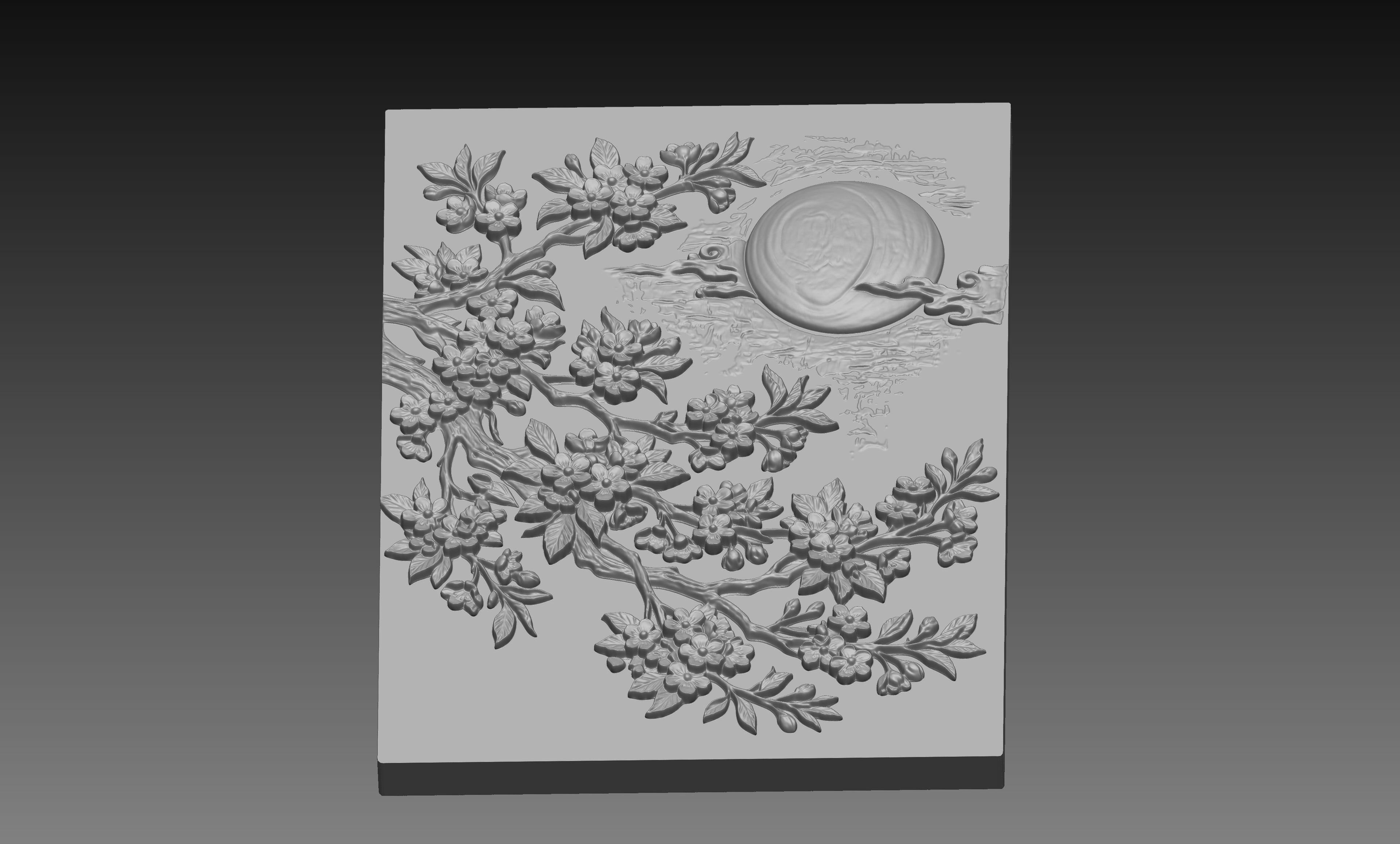 Sakura Full Moon 3D Relief STL File, Japanese CNC Carving Digital Download