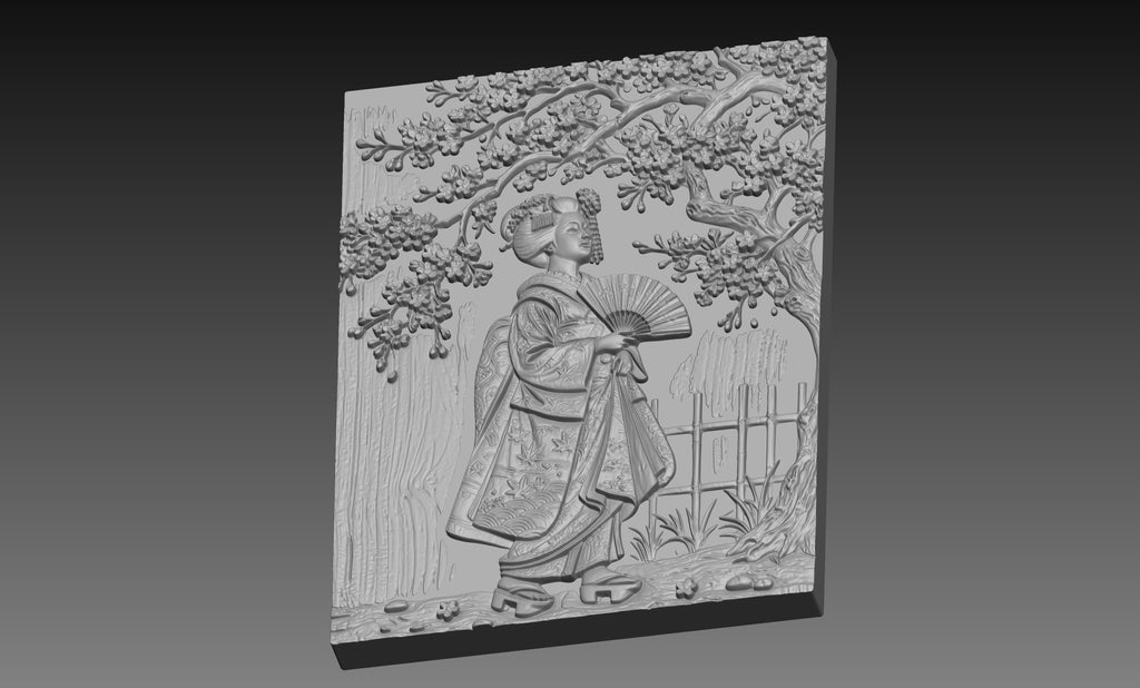 Japanese Geisha Cherry Blossom 3D Relief STL File, Asian CNC Carving Digital Download