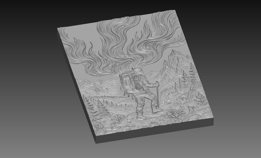 Winter Mountain Hiker Northern Lights 3D Relief STL File, Outdoor CNC Carving Digital Download