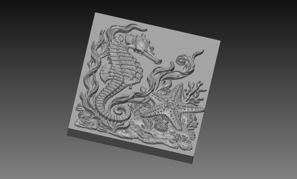 Seahorse Starfish Coral 3D Relief STL File, Nautical CNC Carving Digital Download