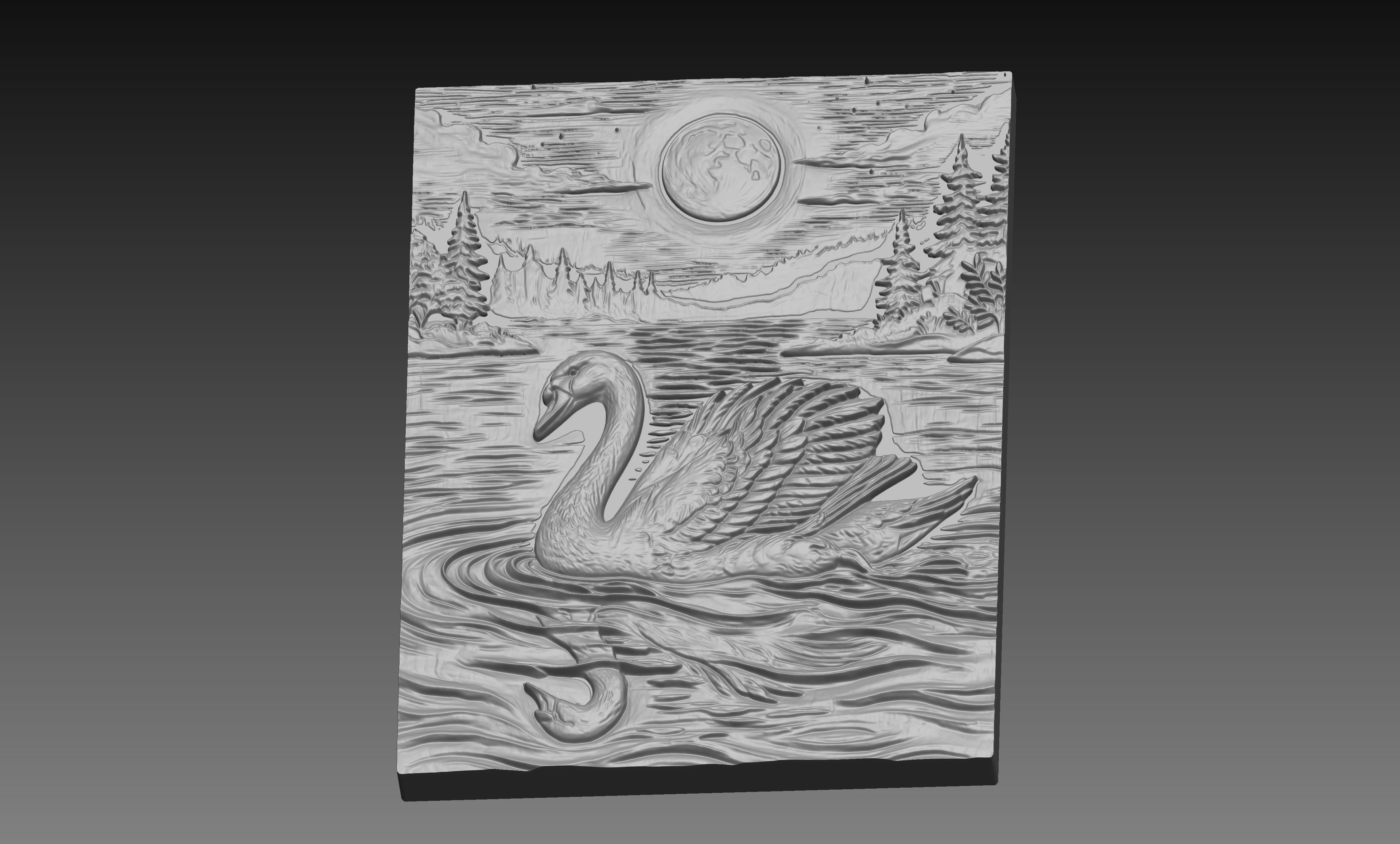 Swan Full Moon Lake 3D Relief STL File, Wildlife CNC Carving Digital Download