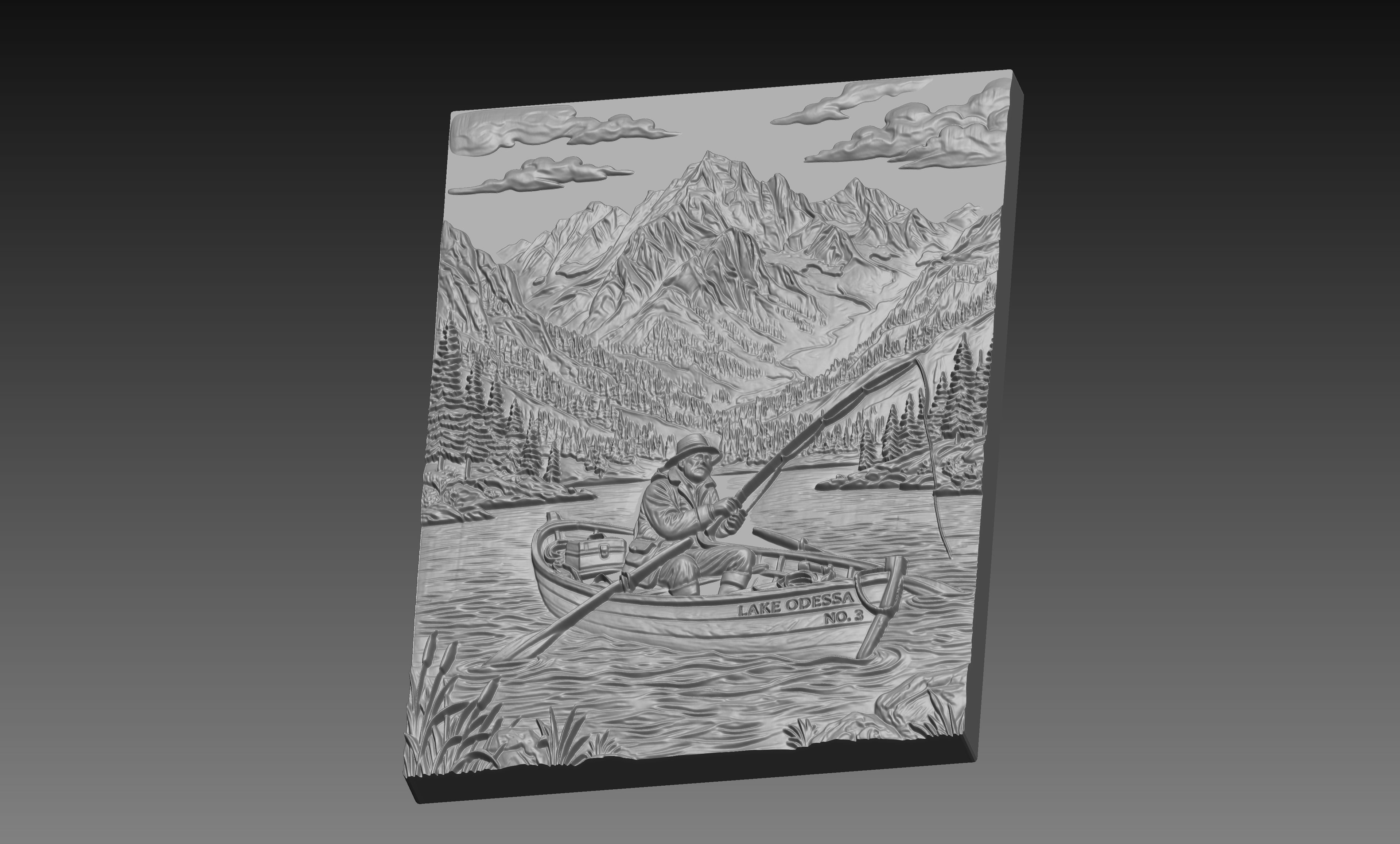 Fisherman Row Boat Lake 3D Relief STL File, Mountain CNC Carving Digital Download