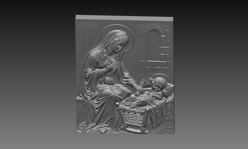 Mother Mary Watching Baby Jesus 3D Relief STL File, Christian CNC Carving Digital Download