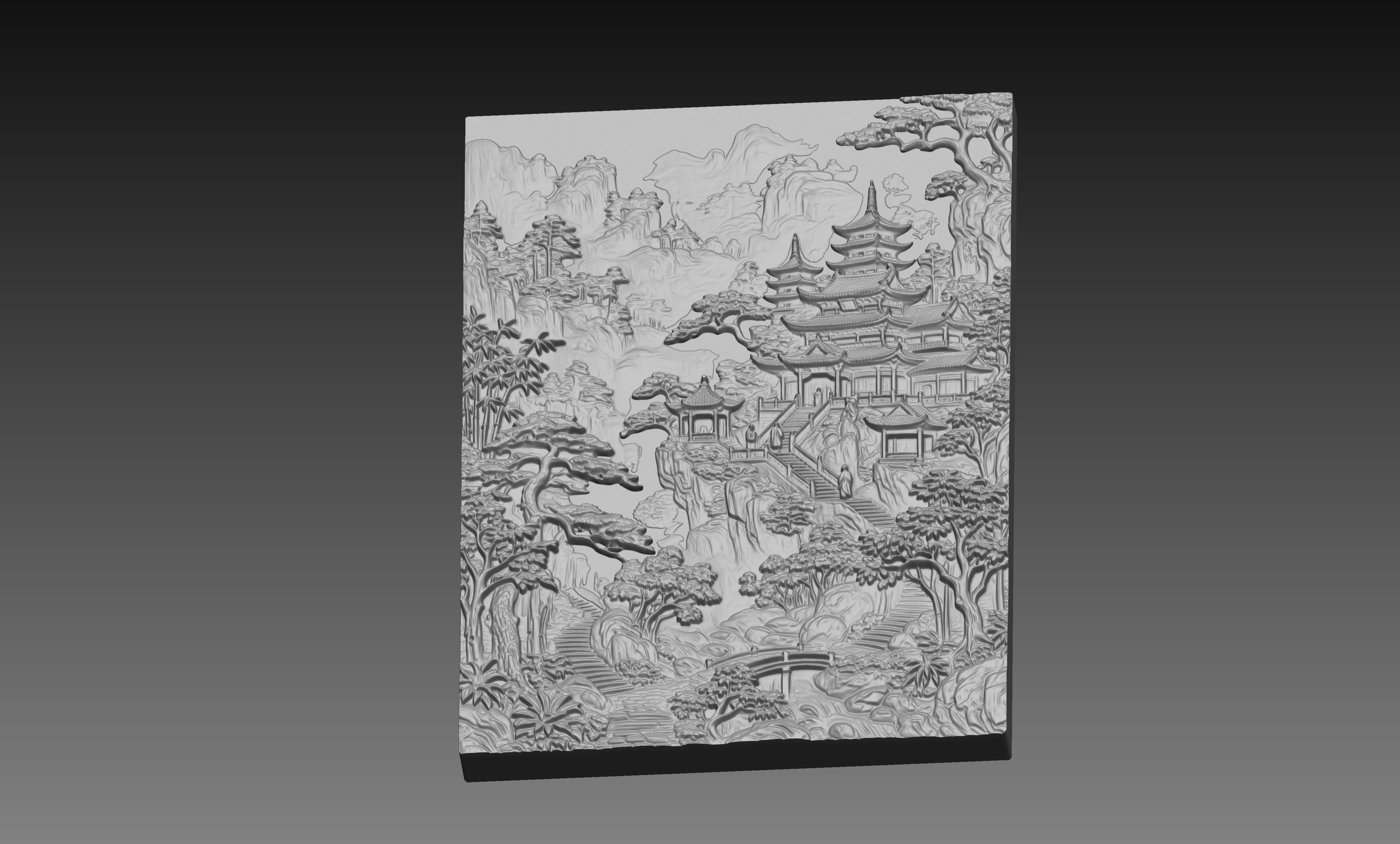 Japanese Temple Mountain Forest 3D Relief STL File, Asian CNC Carving Digital Download