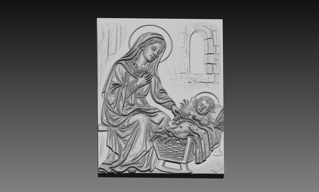 Mother Mary Watching Baby Jesus 3D Relief STL File, Christian CNC Carving Digital Download