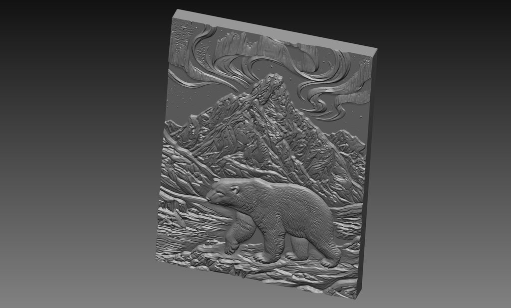 Polar Bear Northern Lights 3D Relief STL File, Arctic CNC Carving Digital Download