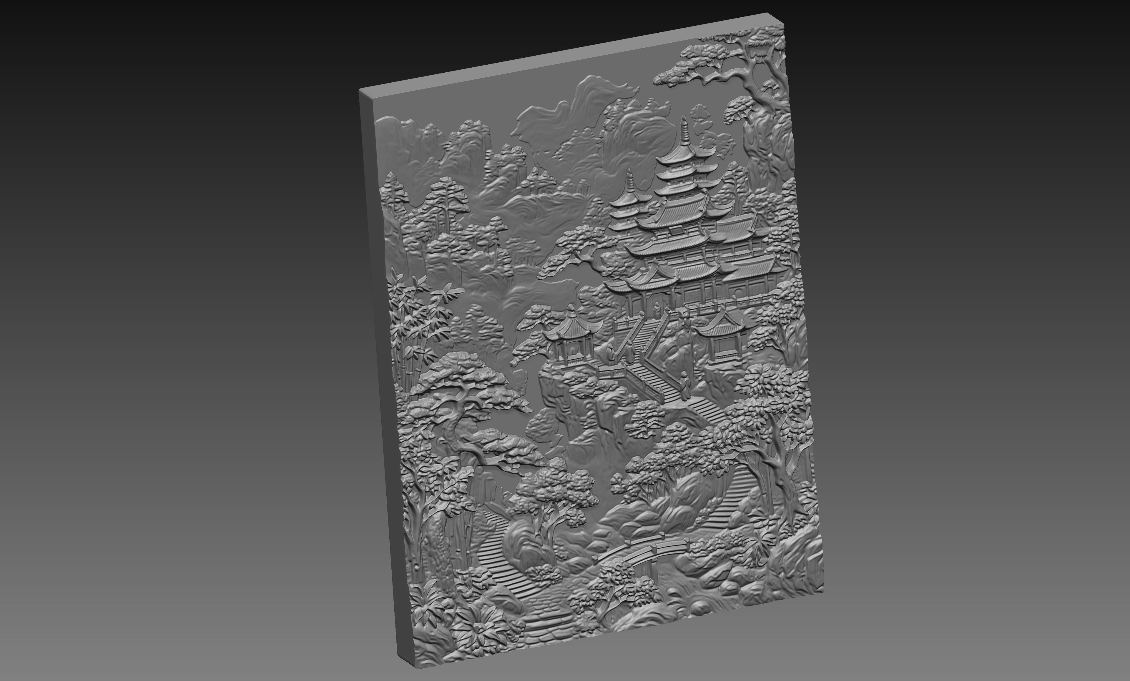Japanese Temple Mountain Forest 3D Relief STL File, Asian CNC Carving Digital Download