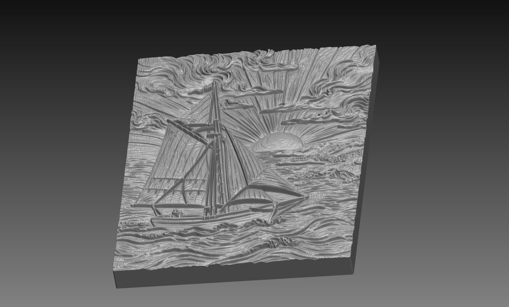 Sailboat Ocean Sunset 3D Relief STL File, Nautical CNC Carving Digital Download